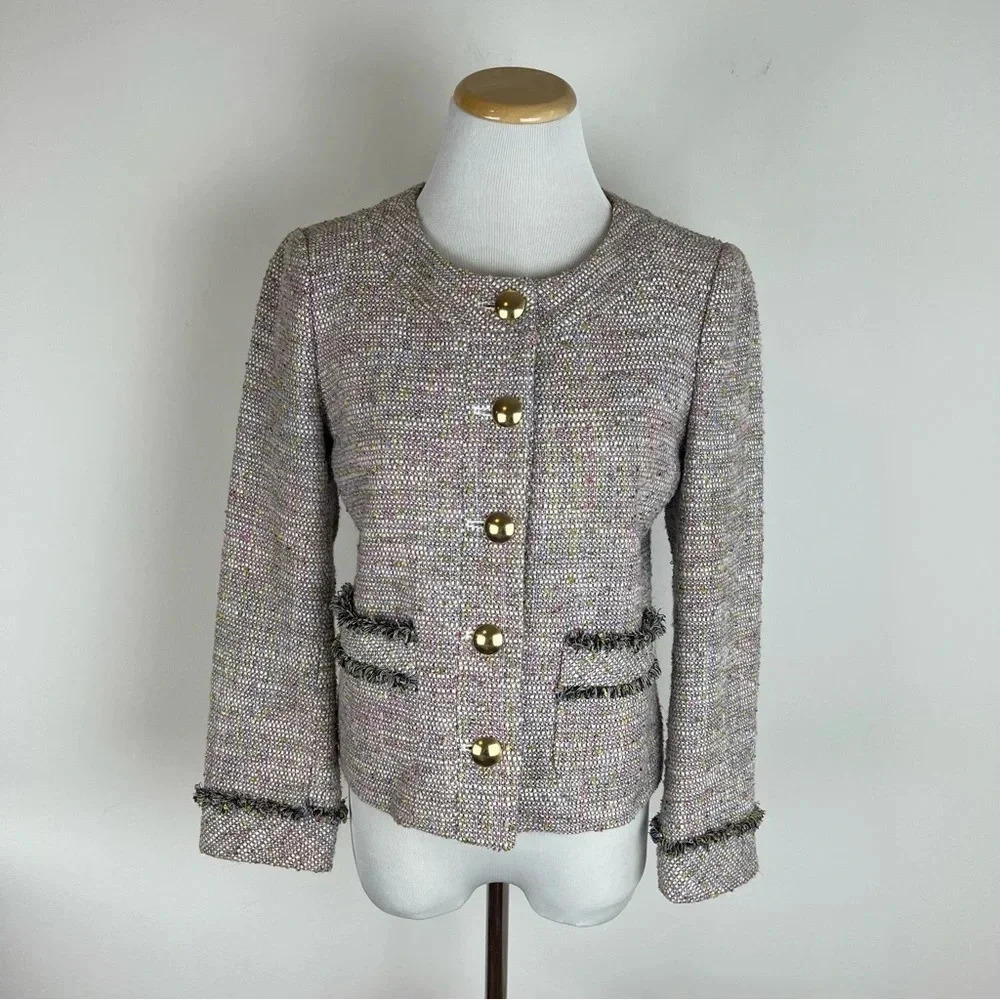 J. Crew Tweed Cropped Tailored Jacket Blazer Size S Pink Green B26 Lady Jacket